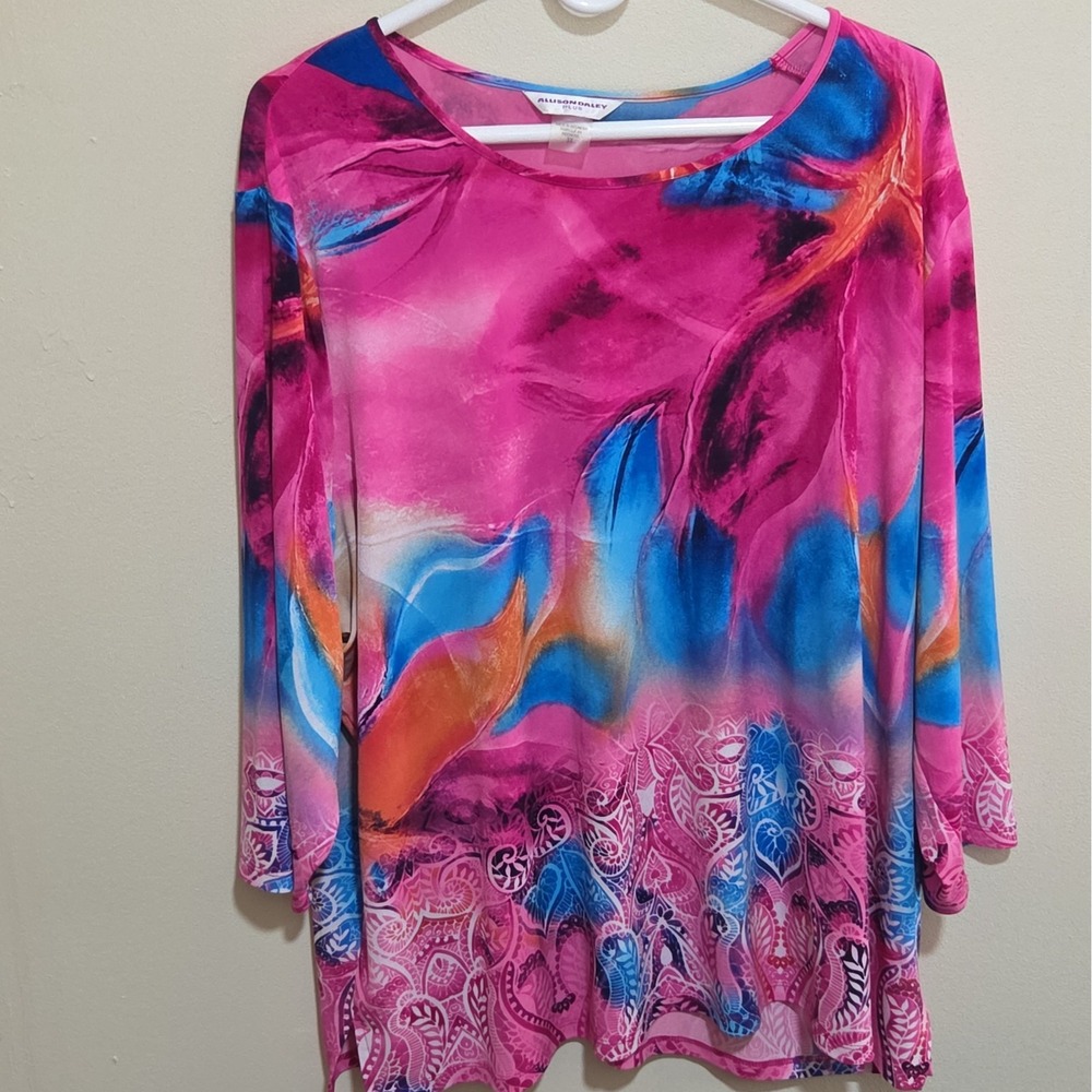 Allison Daley Plus 3X Pink Blue Abstract Paisley Tunic Top 3/4 Sleeve